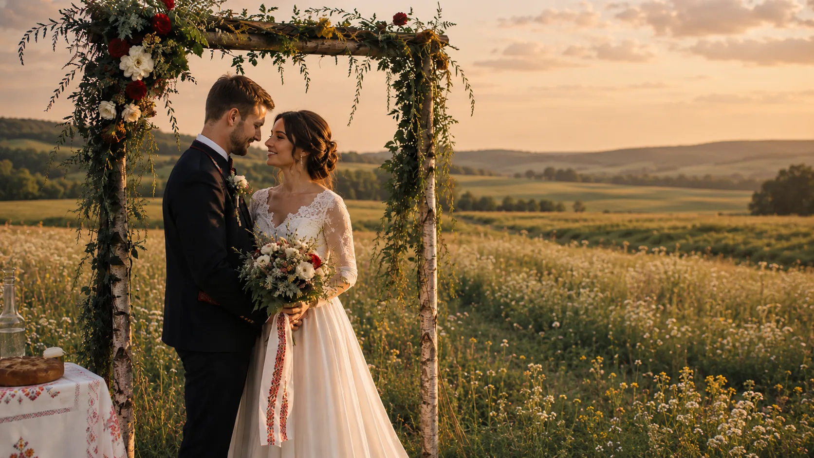 Antonija i Davor na vjenčanju u Zagrebu pod cvjetnim lukom u zlatnom svjetlu